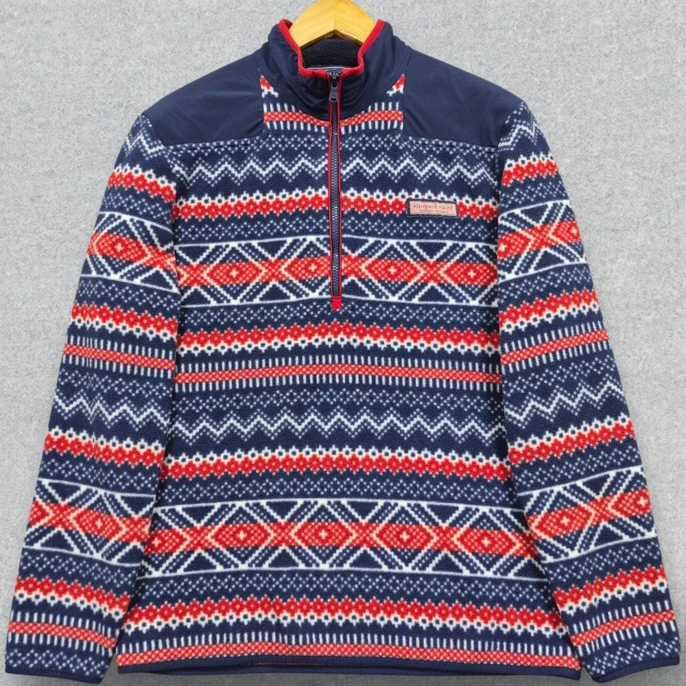 Vineyard Vines Sweater Men's M Blue Red Fair Isles Fleece Quarter Zip Pullover